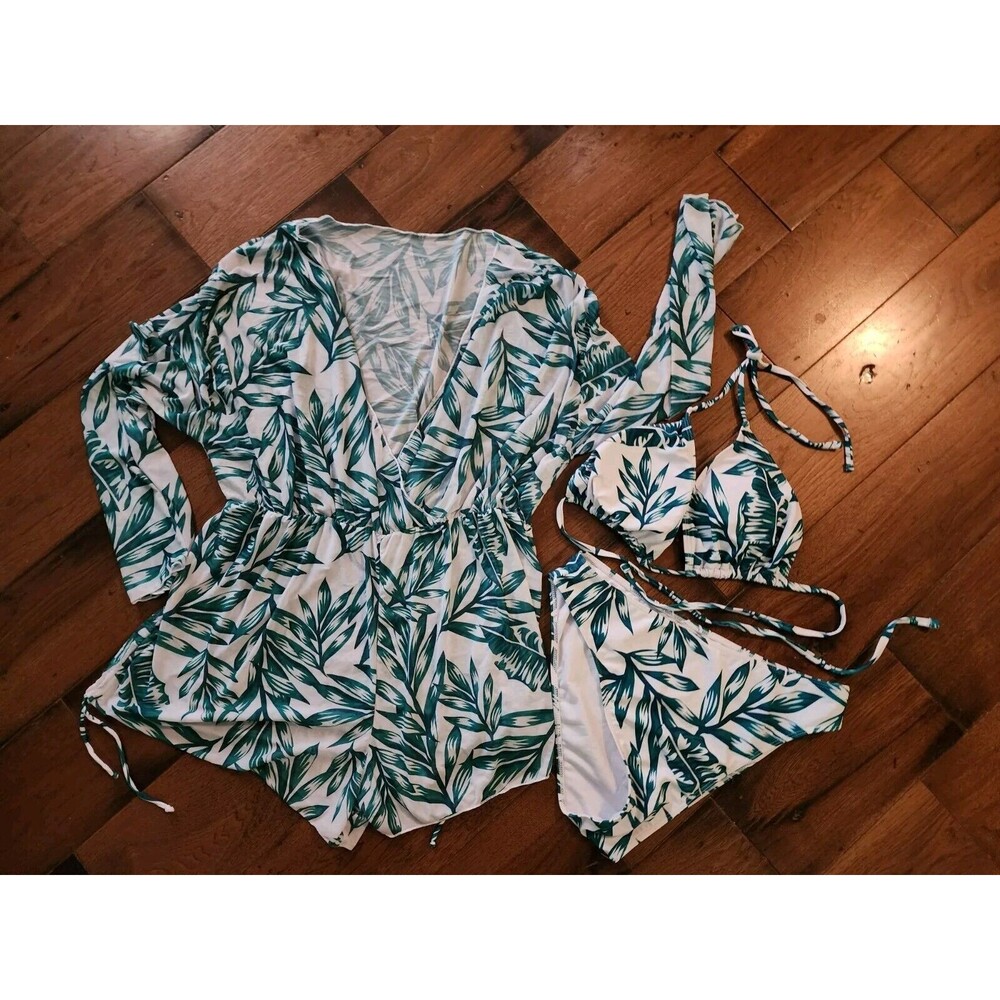 Shein 1xl Tropical Swinsuit Padded Top, Bikini Bottom, 2 Pc + Cover Up Romper